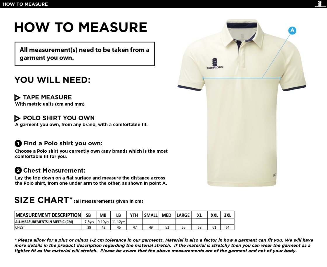 Stretton on Dunsmore CC - Ergo Short Sleeve Playing Shirt - Size Guide