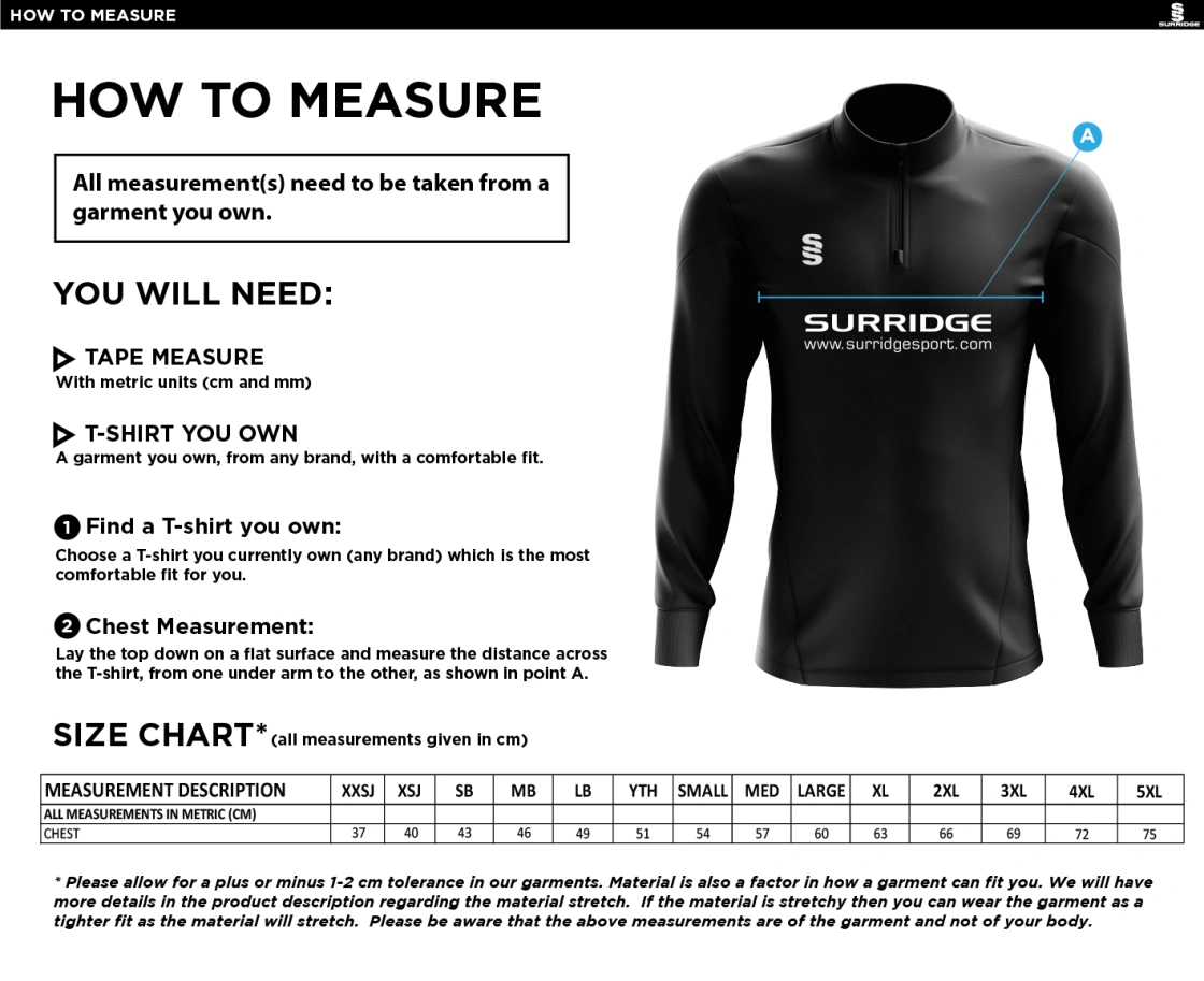 Stretton on Dunsmore CC - Dual Performance 1/4 Zip Top - Size Guide