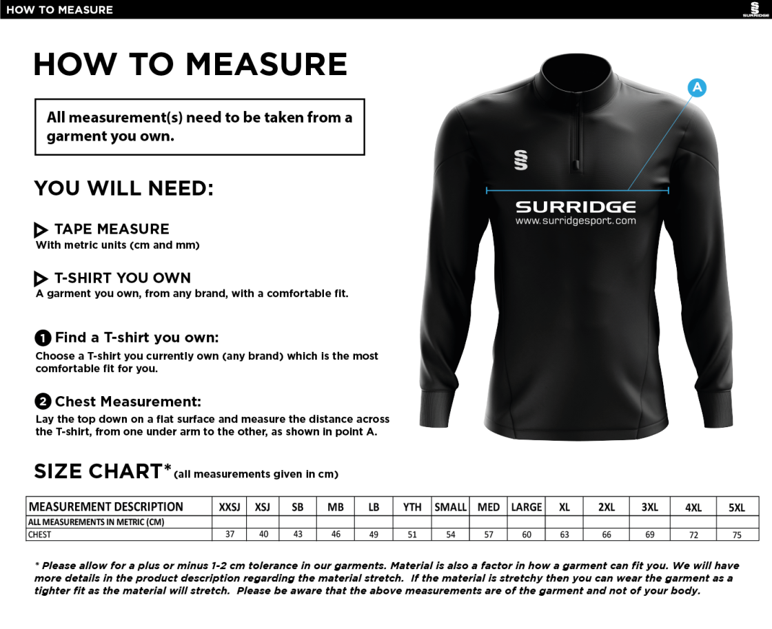 Stretton on Dunsmore CC - Dual Performance 1/4 Zip Top - Size Guide
