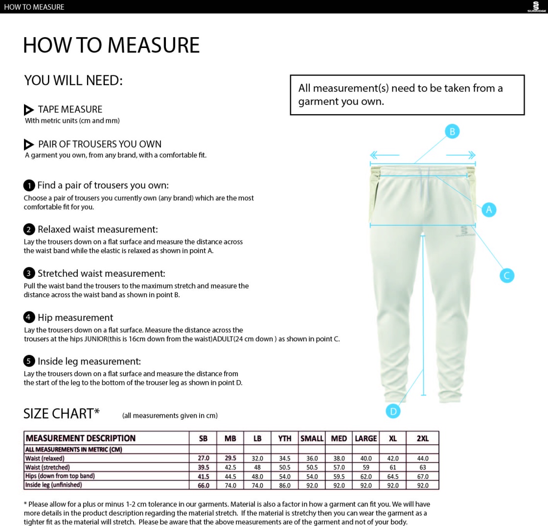 Stretton on Dunsmore CC - Tapered Fit Cricket Trousers - Size Guide