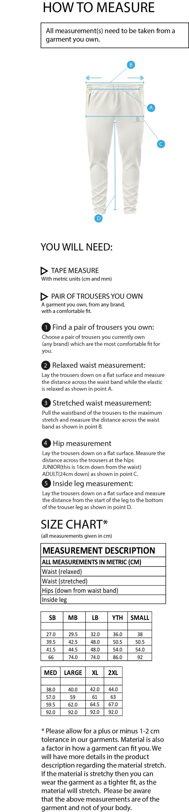 Stretton on Dunsmore CC - Tapered Fit Cricket Trousers - Size Guide